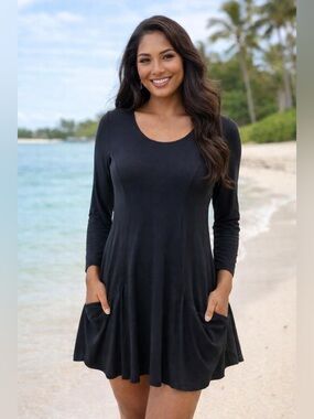 Fighting Eel Ava Sky A-line mini dress long sleeve pockets Small Black